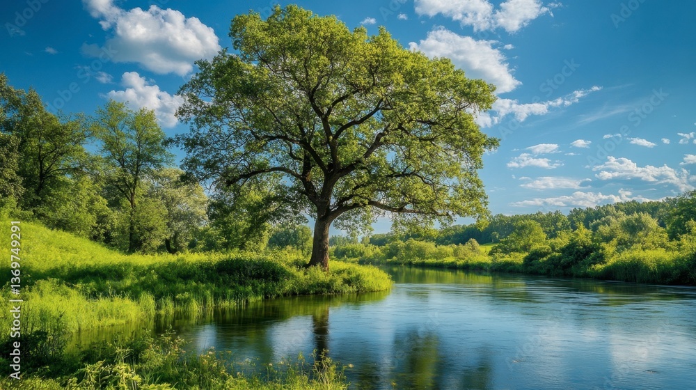 Fototapeta premium Serene River Landscape with Majestic Tree Under Blue Sky