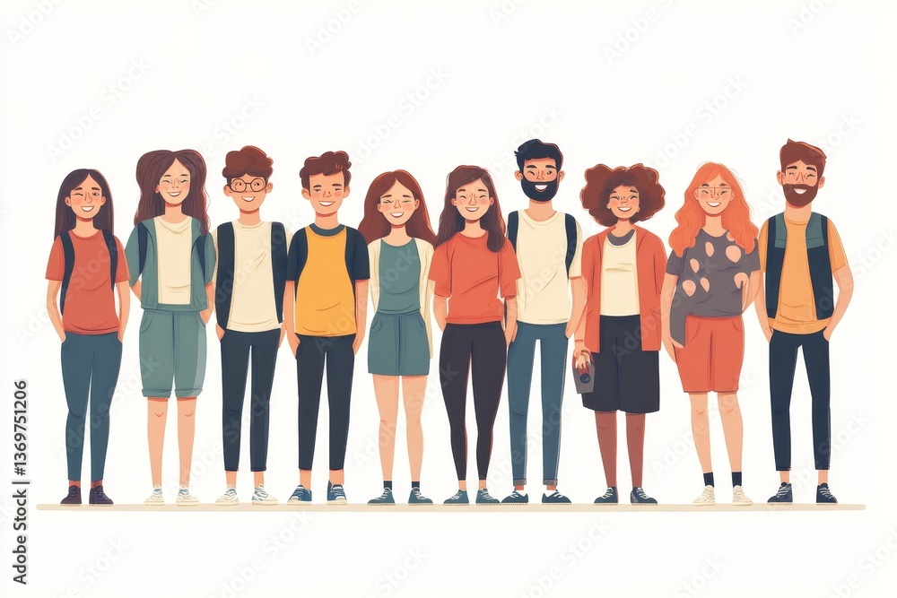 Illustration of young people, friends, classmates, students, colleagues, family posing for group photo Illustration of young people, friends, classmates, students, colleagues, family posing for group photo