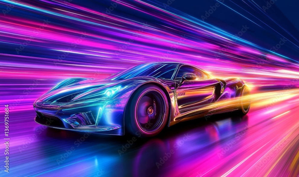 Futuristic Sports Car On Neon Highway. Powerful acceleration of a supercar with colorful lights trails. generative AI Futuristic Sports Car On Neon Highway. Powerful acceleration of a supercar with colorful lights trails. generative AI