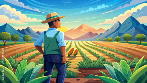 A dedicated farmer closely observing the growth of crops in a wide open landscape
