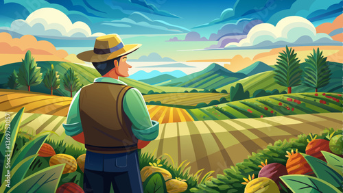 A dedicated farmer closely observing the growth of crops in a wide open landscape