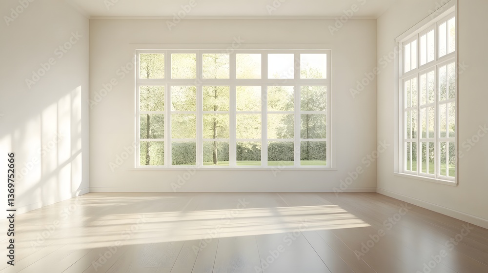 Bright Empty Room with Large Windows and Sunlight Streaming In Modern Minimalist Interior Design Bright Empty Room with Large Windows and Sunlight Streaming In Modern Minimalist Interior Design