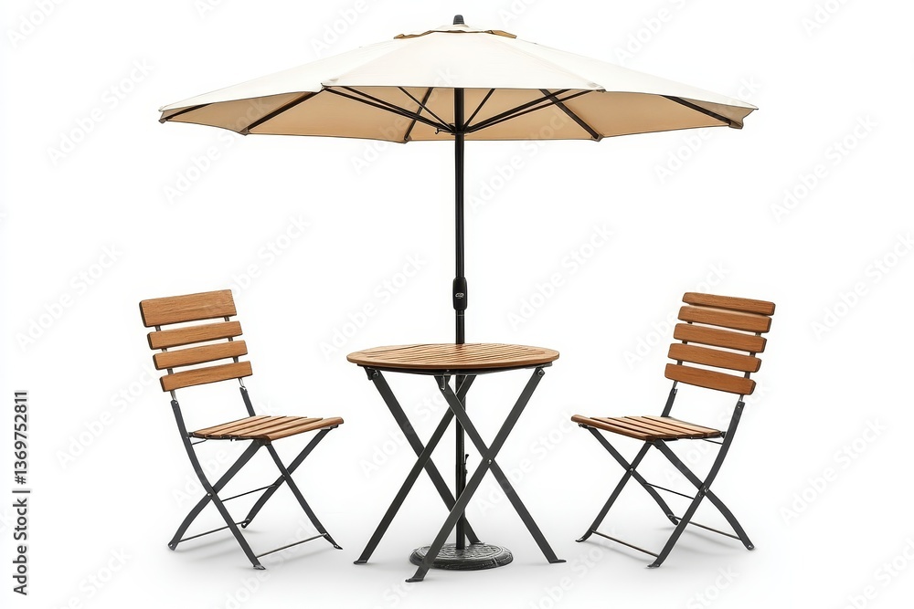 Cafe table with chair and parasol umbrella isolated on white background. Generative AI Cafe table with chair and parasol umbrella isolated on white background. Generative AI