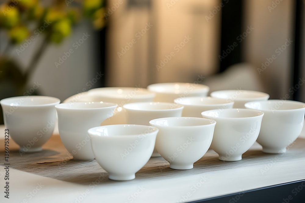 Elegant tea set: Delicate porcelain cups and teapot arranged for a traditional tea ceremony Elegant tea set: Delicate porcelain cups and teapot arranged for a traditional tea ceremony