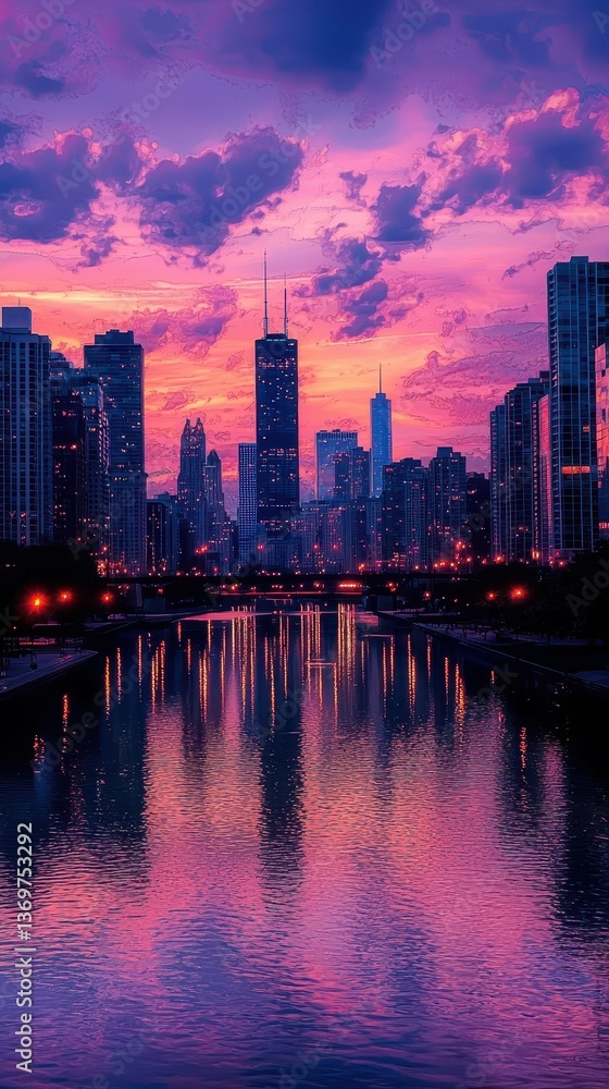 Naklejka premium Dramatic City View with Reflections on Calm River at Sunset