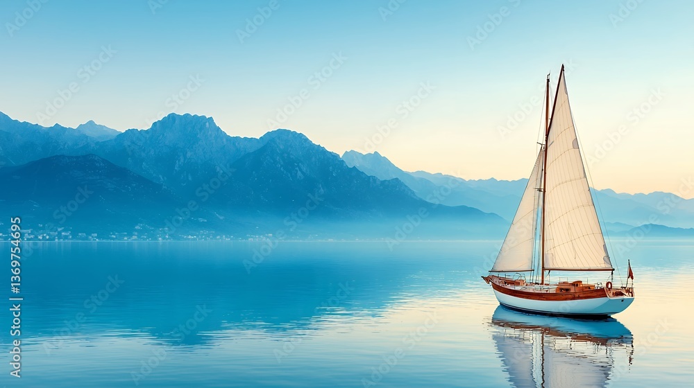Fototapeta premium Classic Sailboat on Calm Blue Water at Dawn with Misty Mountains
