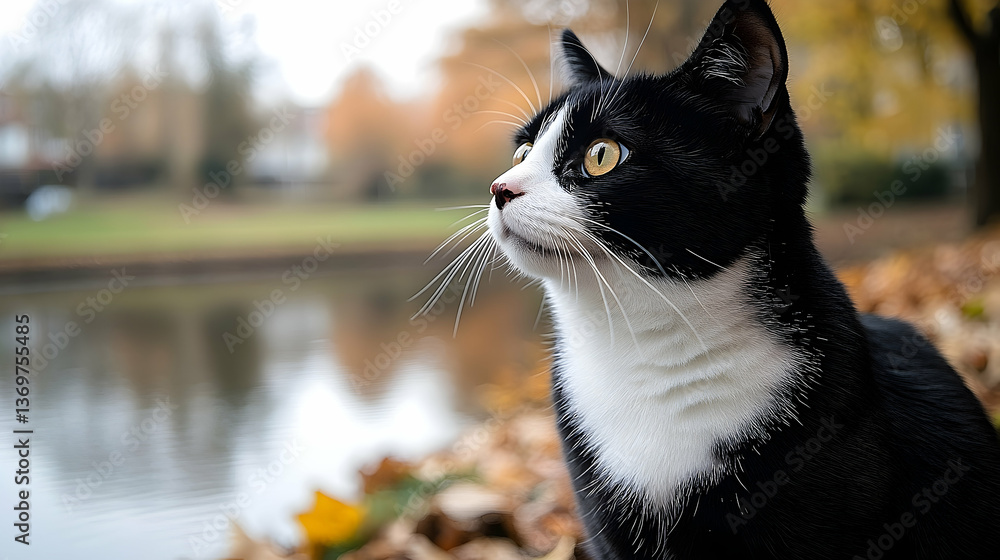 Black and white cat gazing thoughtfully by a serene lake surrounded by autumn foliage Black and white cat gazing thoughtfully by a serene lake surrounded by autumn foliage
