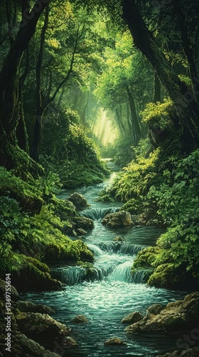 Serene Crystal Clear Stream Flowing Through Lush Green Forest