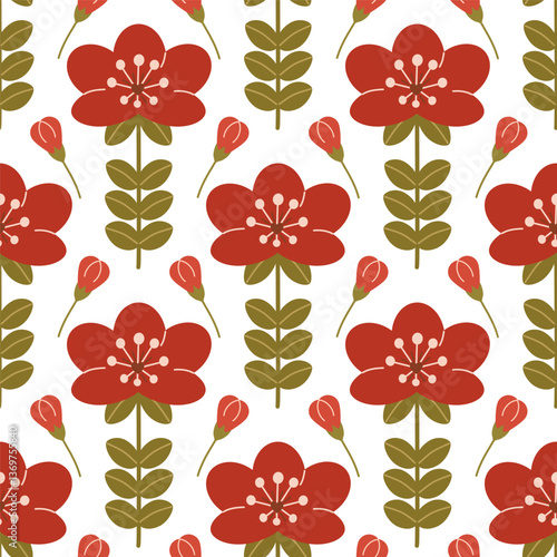  seamless pattern with a red flower and a bud next on a white background.