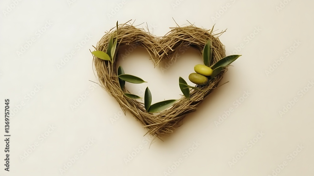 Fototapeta premium Hay Heart Decorated With Olives And Leaves