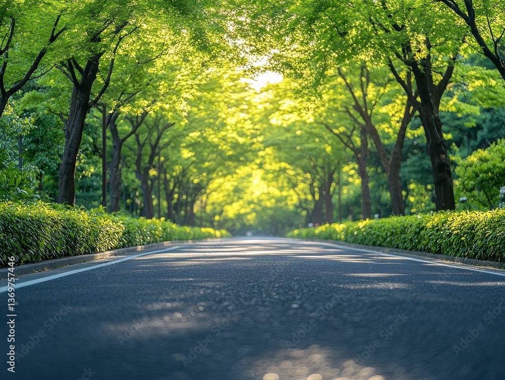 Obraz premium A Tranquil Road Through a Green Canopy: Sunlit Path in a Serene Landscape, inviting travel and reflection under nature's embrace and the warm glow of sunlight.