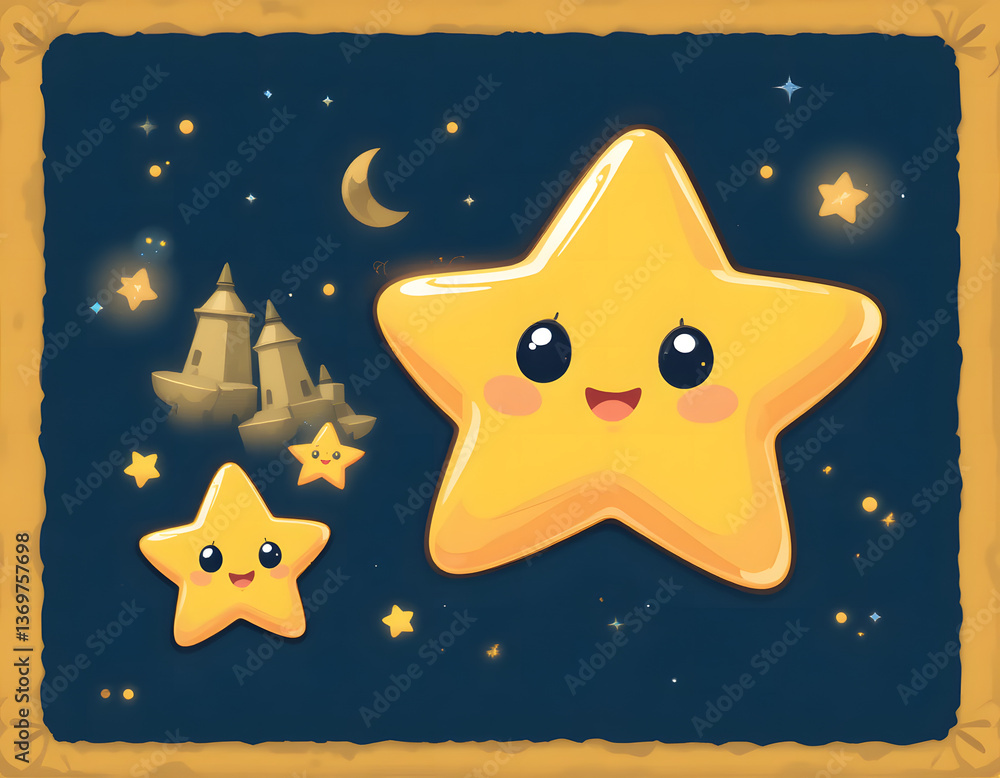 Fototapeta premium Cute Kawaii Colorful Stars and Shooting Star in Night Sky – Adorable Cosmic Illustration
