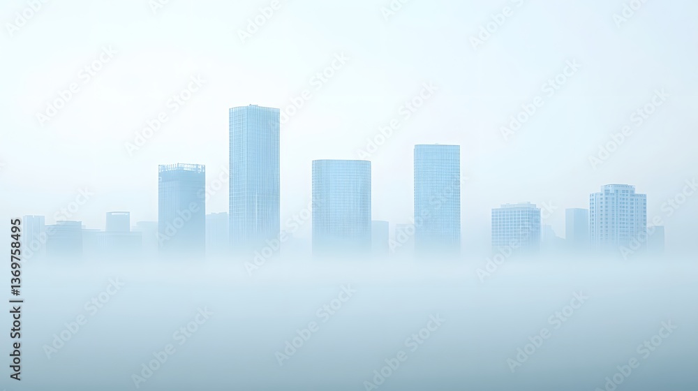 Fog shrouded city skyline with crisp architectural contrast Fog shrouded city skyline with crisp architectural contrast