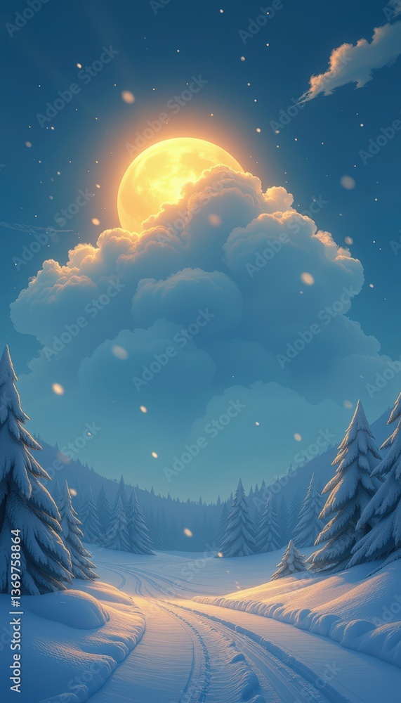 Naklejka premium Snowy landscape featuring a full moon hovering over pine trees 