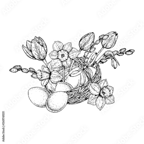Vector illustration of an Easter basket filled with eggs, narcissus flowers, tulip buds, and pussy willow branches. Hand drawn in black and white ink style, ideal for spring-themed designs and prints.