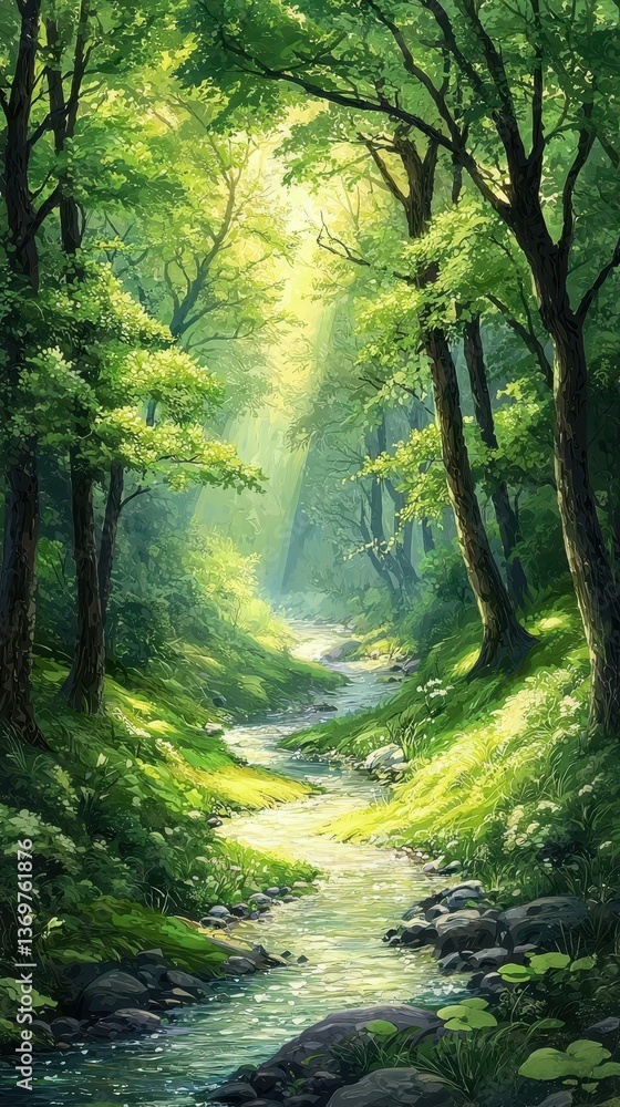 Naklejka premium Enchanted Mountain Forest with Winding Sparkling Stream