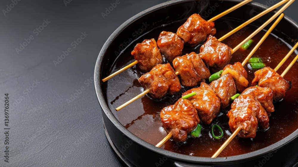 Grilled meat skewers in a savory sauce, served in a black bowl. Grilled meat skewers in a savory sauce, served in a black bowl.
