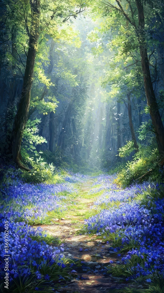 Obraz premium Enchanted Nature Scene with Carpet of Bluebells in Sunlit Forest