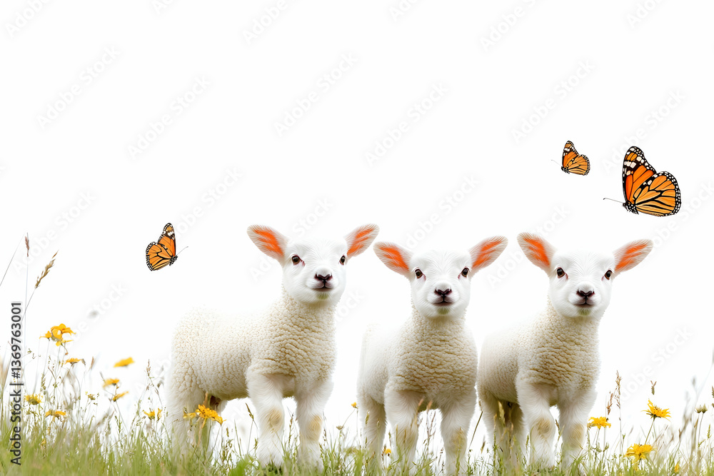 Adorable lambs standing in a grassy field with butterflies during springtime, representing innocence Adorable lambs standing in a grassy field with butterflies during springtime, representing innocence