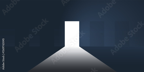 Dark Room, Light Coming In Through an Open Exit Door - Freedom, New Possibilities, Hope of Bright Future, Overcome Problems, Solution Finding Concept - Black and White Design