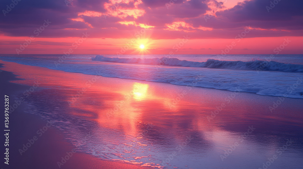 Fototapeta premium Golden Sunset Reflecting Across Serene Beach with Vibrant Sky Colors and Rolling Waves.