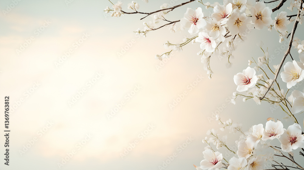 Fototapeta premium A serene background featuring delicate white blossoms against a soft pastel sky, perfect for spring-themed designs