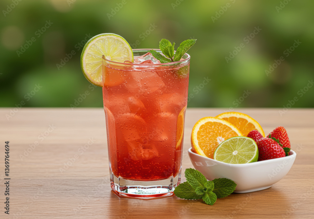 A refreshing glass of mixed fruit drink with ice, strawberries, and orange slices. A refreshing glass of mixed fruit drink with ice, strawberries, and orange slices.