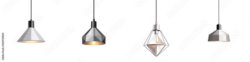 A display of contemporary and minimalist pendant light fixtures featuring geometric shapes like triangles and trapezoids in metal finishes for a stylish and illuminating home or office decor A display of contemporary and minimalist pendant light fixtures featuring geometric shapes like triangles and trapezoids in metal finishes for a stylish and illuminating home or office decor