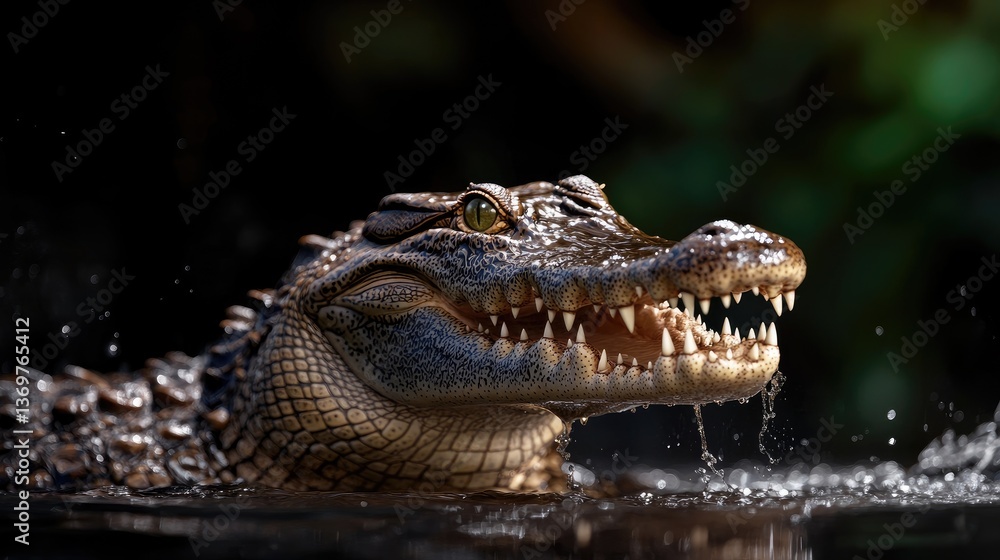 Obraz premium Close-Up Portrait of Alligator Emerging from Dark Water Surface