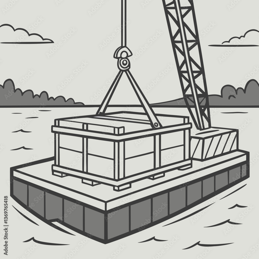 Concrete float being lifted by crane over water Concrete float being lifted by crane over water