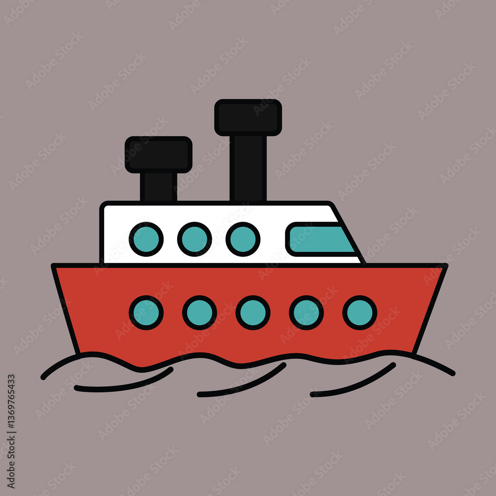Obraz premium Cartoon Ship Vector Illustration with Simple Design, Cute Steamboat Graphic with Sea Waves
