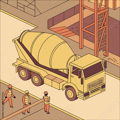Concrete mixer truck on construction site with workers