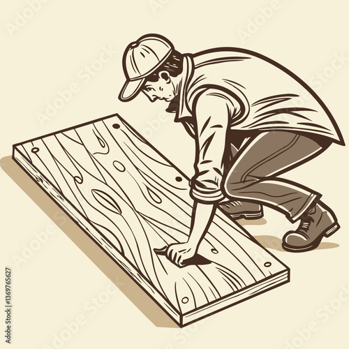 Man working on plywood flooring with focus and concentration