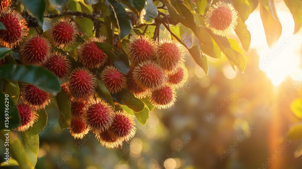 Vibrant Rambutan Fruit Hanging on Tree Branch at Sunset Glow Vibrant Rambutan Fruit Hanging on Tree Branch at Sunset Glow