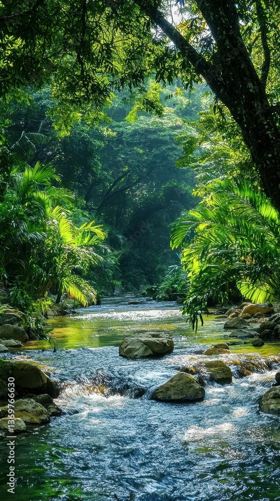 Naklejka premium Idyllic Riverside View with Gently Flowing Water Surrounded by Lush Greenery