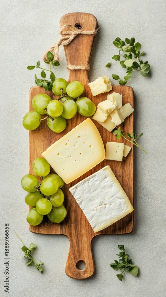 A beautiful arrangement of different cheeses accompanied by fresh green grapes and herbs, perfect for an upscale dining experience or event A beautiful arrangement of different cheeses accompanied by fresh green grapes and herbs, perfect for an upscale dining experience or event