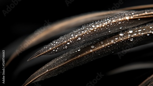 Close-up of dew-kissed blades of grass.  Detailed view of water droplets clinging to dark, textured foliage.  Sharp focus on the intricate patterns of the leaves and beads of moisture