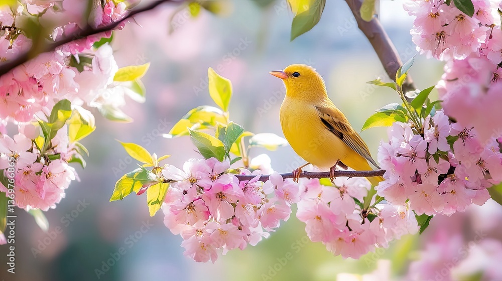 Yellow Bird Perched Among Pink Cherry Blossom Flowers in Spring Yellow Bird Perched Among Pink Cherry Blossom Flowers in Spring