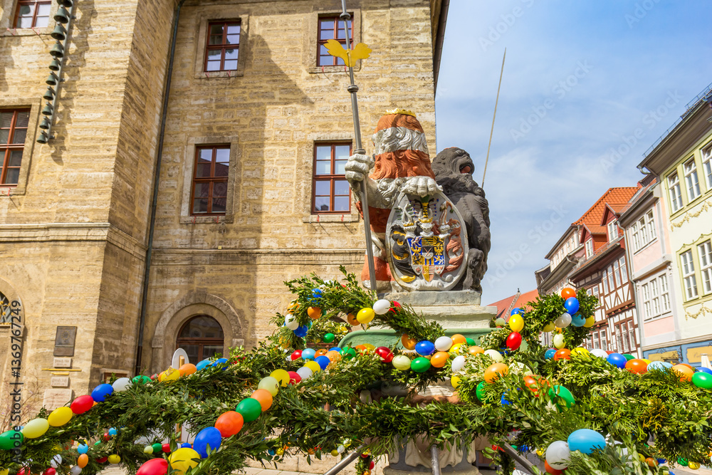 Easter eggs at the monument on the market square in Bad Langensalza, Germany