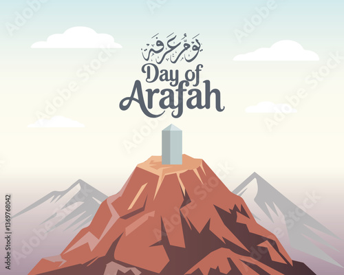 Arafat Day in calligraphy mean (The day of Arafah) with mount Arafat - Islamic charity designs