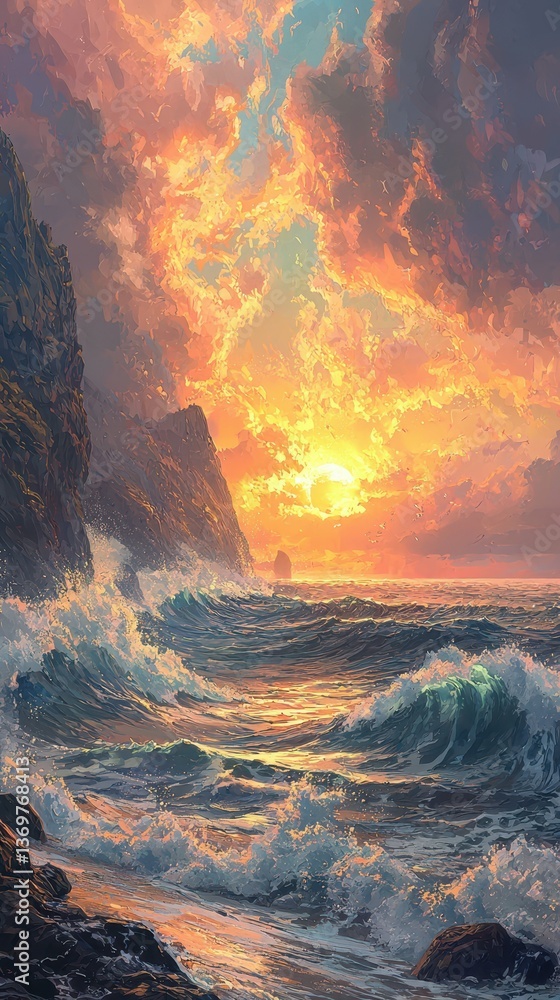 Fototapeta premium Majestic Coastal View with Towering Cliffs and Crashing Waves at Sunset