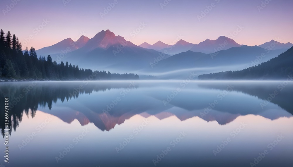 Fototapeta premium A breathtaking landscape photograph captures a serene lake at dawn or dusk, reflecting the soft hues of the sky