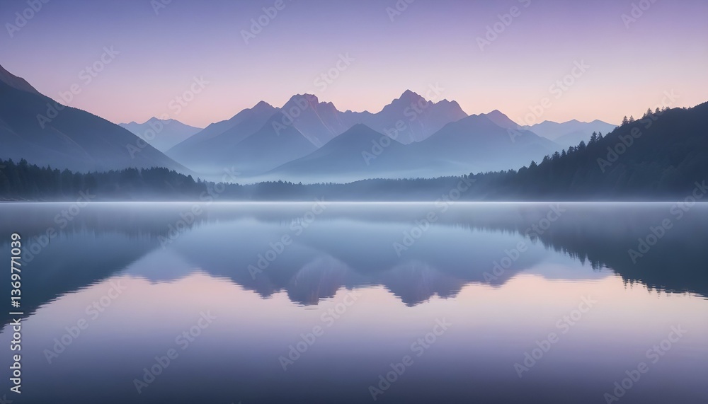 Fototapeta premium A breathtaking landscape photograph captures a serene lake at dawn or dusk, reflecting the soft hues of the sky