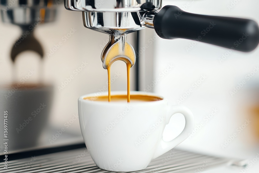 Fresh espresso pouring into a white cup from a coffee machine. Fresh espresso pouring into a white cup from a coffee machine.