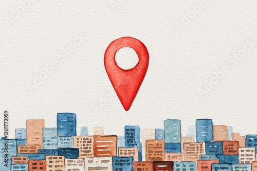 Red Location Pin on Urban Cityscape Watercolor Background
