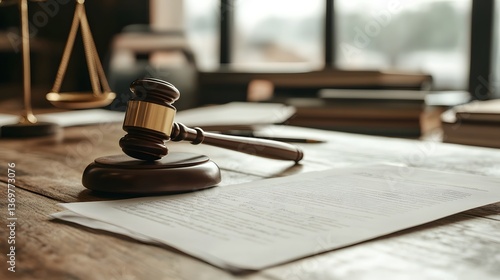 Judge s Gavel on Wooden Desk with Legal Documents and Scales of Justice Law Concept photo