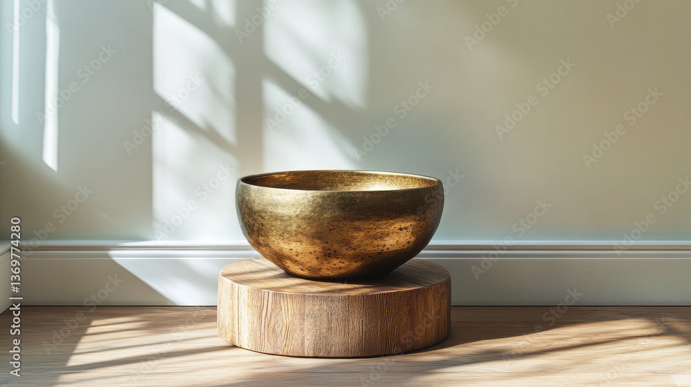 Atmospheric studio photograph featuring a bronze meditation bowl on a circular wooden stool, subtle early morning light cascading across the neutral backdrop, highlighting texture and form in a calm Atmospheric studio photograph featuring a bronze meditation bowl on a circular wooden stool, subtle early morning light cascading across the neutral backdrop, highlighting texture and form in a calm