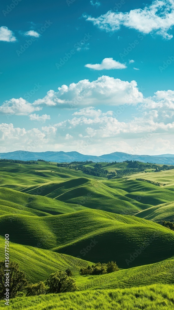 Fototapeta premium Serene Natural Landscape with Rolling Green Hills and Blue Skies