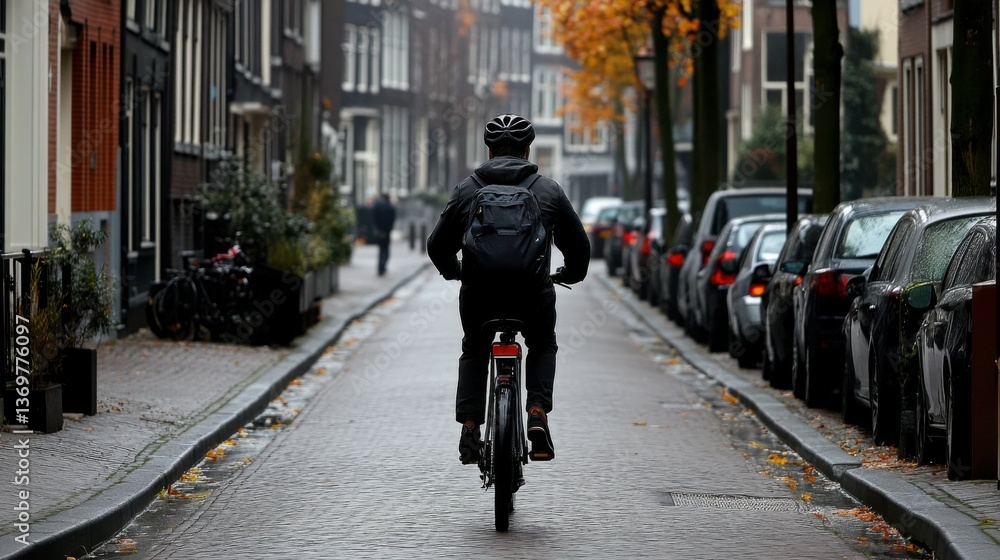 A cyclist riding through a quiet alleyway in Amsterdam, with canal views. A cyclist riding through a quiet alleyway in Amsterdam, with canal views.