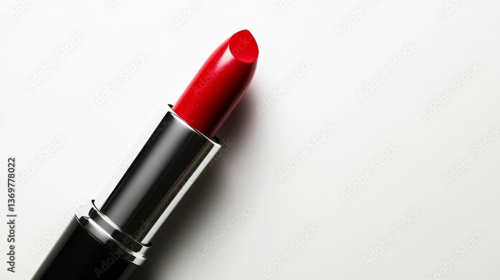 Obraz premium Red lipstick with shiny black casing on white background close-up shot.